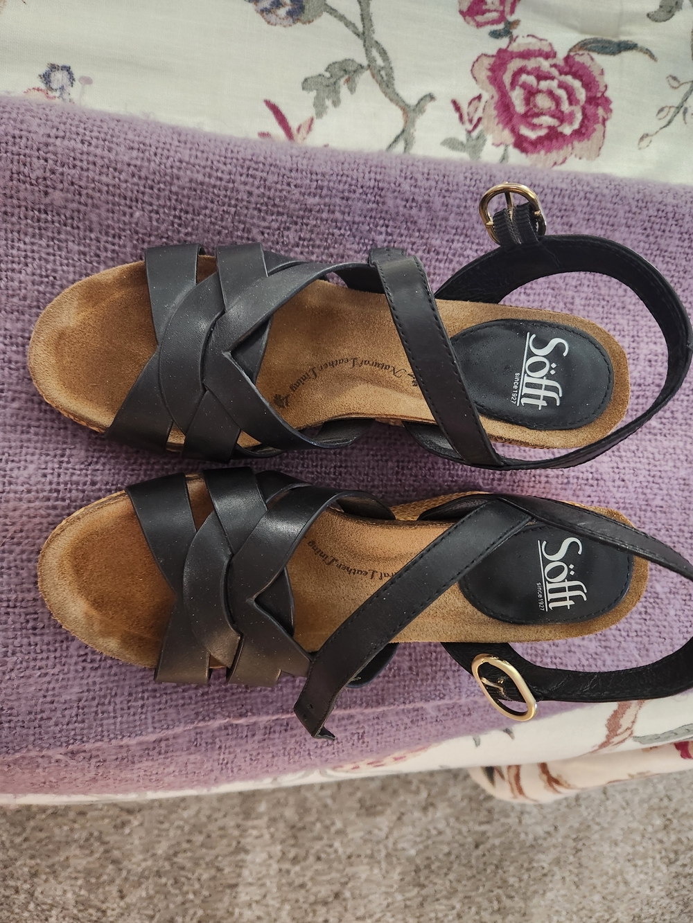 Sofft Black Leather Crisscross Wedge Sandals with Gold Buckle